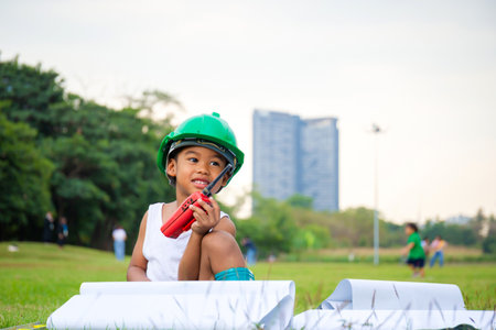 Portrait of happy african american kids boy playing outdoors in a park, Kid playing concept.の写真素材