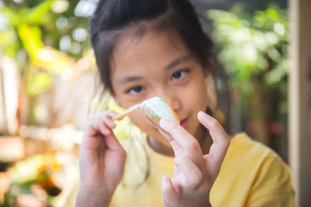 Asian little girl coloring stones, Rock craftsor creative kids, Creativity children conceptsの写真素材