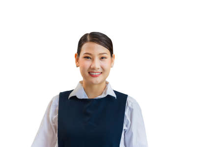 Woman room service. Smiling Female housekeeper on white background.の写真素材