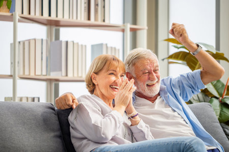 Portrait of happy senior couple cheer on their favorite team while watching football game in living room, Elderly woman and a man relaxing on cozy sofa at home, Happy family conceptsの写真素材