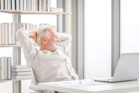 Portrait of happy senior man relaxing and enjoying in living room, Senior man working on laptopの写真素材