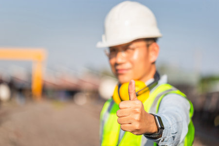 Engineer man showing thumb up, Cheerful factory worker smiling with giving thumbs up as sign of successの写真素材