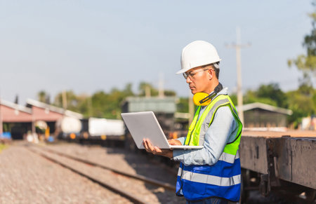 Engineer man in waistcoats and hardhats with laptop in a railway depot, Engineer under inspection and checking construction process railway locomotive repair plantの写真素材