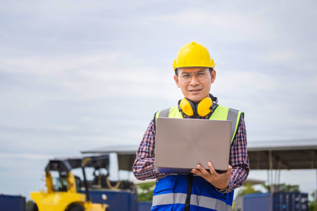 Engineer man with laptop checking and inspect the container, Foreman in hardhat and safety vest checking containers box from cargoの写真素材