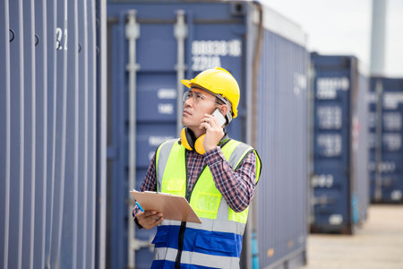 Engineer using smartphone with holding clipboard checklist in industry containers cargo, Foreman dock worker in hardhat and safety vest control loading containers box from cargoの写真素材