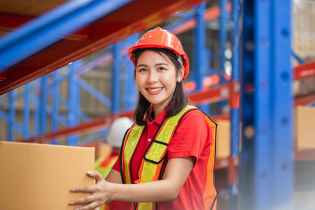 Female warehouse worker working in factory warehouse industry, Cheerful young woman working in logistics centerの写真素材