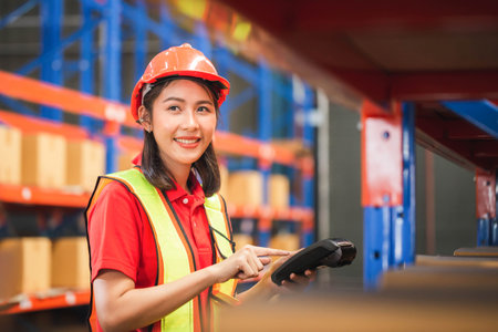 Female worker scanning boxes in warehouse rack, Warehouse worker with bar code scanner checking inventory, Workers working in warehouseの写真素材