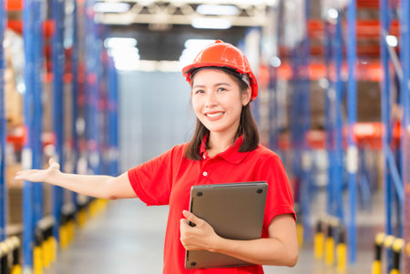 Cheerful young woman working in logistics center, Warehouse worker working in factory warehouse industry and holding laptopの写真素材