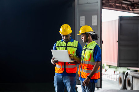 Workers team taking inventory in factory warehouse, Foreman workers working in warehouse talking about jobの写真素材