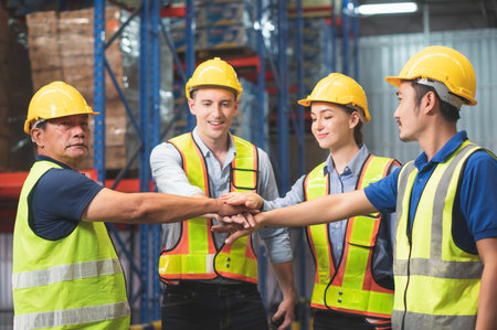 <p>Success Teamwork Concept, Happy business people engineer and warehouse worker team joining hands after meeting</p>の写真素材