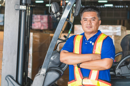 Worker man standing in warehouse with arm crossed, Worker on forklift, Manual workers working in warehouseの写真素材