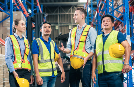 Portrait of successful logistics warehouse workers team, Group portrait of industry workers, Workers in hardhat helmet at workplaceの写真素材