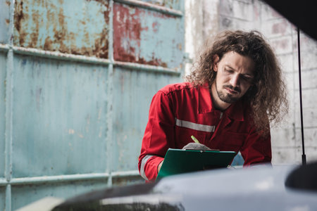 Young caucasian car mechanic with checklist standing by vehicle engine area with hood open, Technician checking modern car at garage, Car repair and maintenance conceptsの写真素材