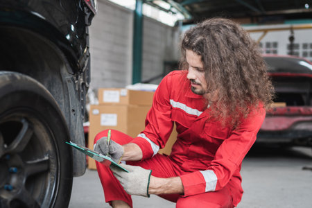 Young Caucasian car mechanic with a checklist, Technician checking modern car at garage, Car repair...