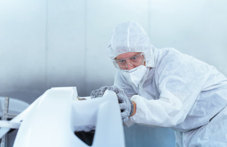 The mechanic man painting car in chamber, Technician checking the quality of the painting, Garage painting car service repair and maintenanceの写真素材