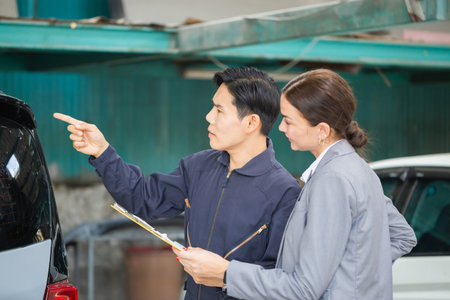 Mechanic and young woman client talking together at the repair garage, Auto mechanic and female customer in auto repair shop, Car repair and maintenance conceptsの写真素材