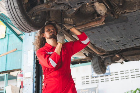 Auto mechanic working in garage, Technician man working in auto service with lifted vehicle, Car repair, and maintenanceの写真素材