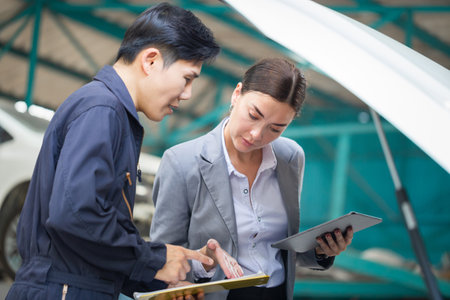 Female manager and auto mechanic in auto repair shop, Mechanic and young woman client talking together at the repair garage, Car repair and maintenance conceptsの写真素材