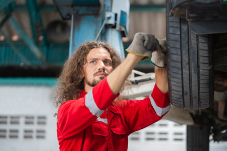 Auto mechanic working in garage, Technician man working in auto service with lifted vehicle, Car repair, and maintenanceの写真素材