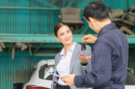 Auto mechanic repairman handing car remote key to client, Mechanic returns the key to the satisfied custumer, Car repair and maintenance conceptsの写真素材