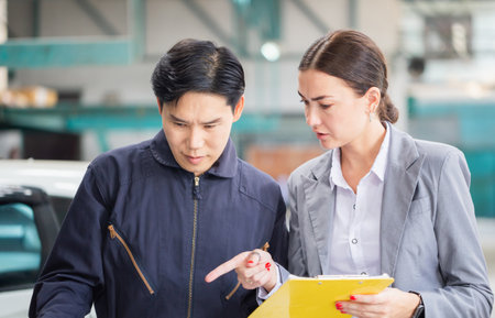 Female manager and auto mechanic in auto repair shop, Mechanic and young woman client talking together at the repair garage, Car repair and maintenance conceptsの写真素材