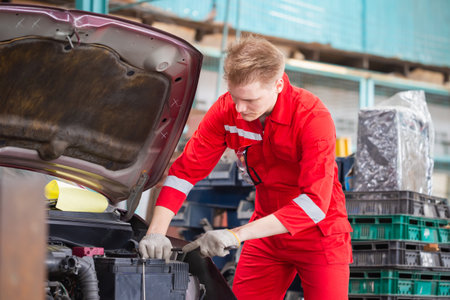 Young car mechanic in repair garage, Technician man working in auto repair shop, Car repair and maintenance conceptsの写真素材