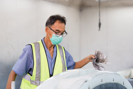 Senior mechanic man painting car in chamber, Technician checking the quality of the painting, Garage...