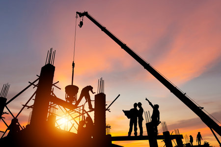 Silhouette of Engineer and worker team checking project at building site background, construction site with sunset in evening time backgroundの写真素材