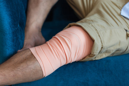 Close-up of Man's leg wrapped with a bandage. Injury from an accident. Muscle strain conceptsの写真素材