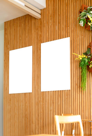 Mockup image of Blank billboard white screen posters for advertising, Blank photo frames display in coffee shop for your designの写真素材