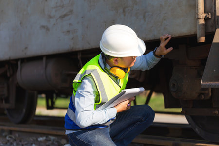 Professional technician pre-check freight trains, Engineer man working in cargo train platform, Technician controls the correctness of the freight car, Safety conceptsの写真素材