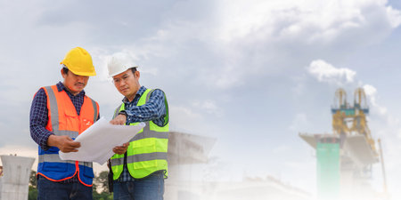 Engineer and foreman worker checking project at building site, Engineer and builders in hardhats discussing on construction site in banner styleの写真素材