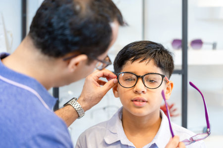 Indian father and son choosing eyeglasses in optics store