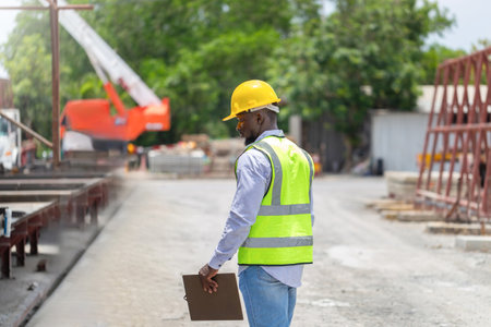 Foreman checking project at precast factory site, Engineer man in hardhats on construction site