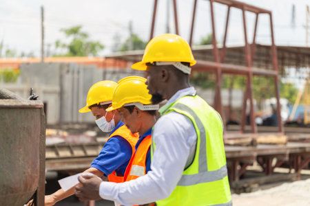 Foreman and worker team checking project at the precast factory site, Engineer man and builders in hardhats discussing on construction siteの写真素材