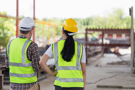 Back view of Engineer and female foreman worker team checking project at precast factory site, Engineer and builders in hardhats discussing on construction siteの写真素材