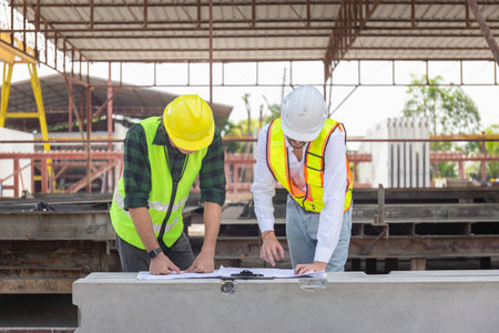 Engineer and foreman worker team checking project at precast concrete factory site, Engineer and builders in hardhats discussing on construction siteの写真素材
