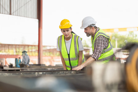 Engineer and female foreman team checking project at precast concrete factory site, Caucasian engineer and worker in hardhats discussing on construction siteの写真素材