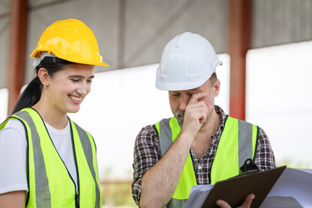 Female engineer and foreman worker checking project at building site, Engineer and builders in...