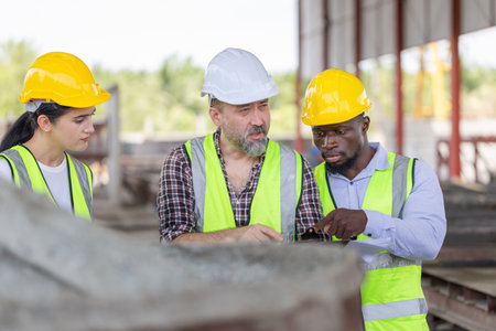 Group of engineer and foreman worker team checking project at the precast concrete factory site, Engineer and builders in hardhats discussing on construction siteの写真素材