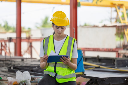 Female engineer checking project at construction site, Factory foreman worker in hardhat at the precast factory siteの写真素材