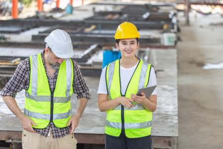 Female engineer and foreman worker checking project at building site, Engineer and builders in hardhats discussing on construction site, Teamwork conceptsの写真素材