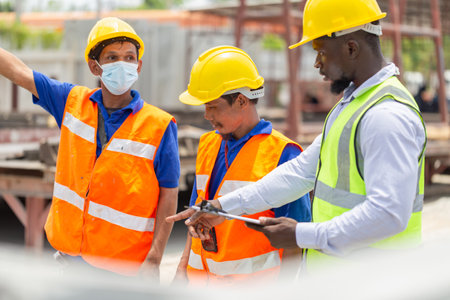 Foreman and worker team discussing at precast concrete factory site, Construction workers at workの写真素材