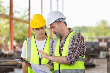 Engineer and foreman worker team with blueprints checking project at the precast concrete factory site, Engineer and builders in hardhats discussing on construction siteの写真素材