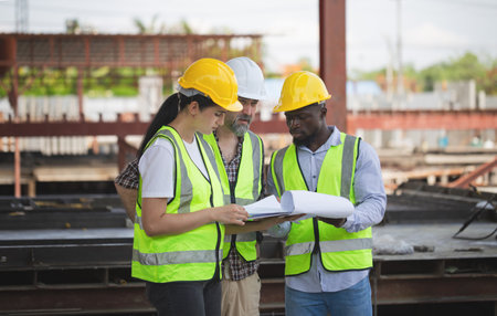 Engineer and foreman worker team with blueprints checking project at construction siteの写真素材