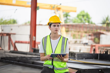 Factory foreman worker in hardhat at the precast factory site, Female engineer checking project at...