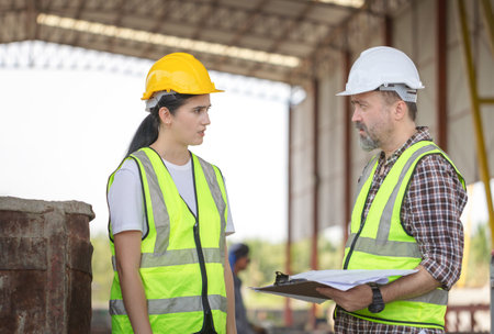 Engineer team in hardhats discussing on construction site, Foreman worker with blueprints planning...