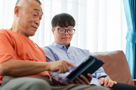Asian Senior man and grandson using tablet smartphone doing a video call in living roomの写真素材
