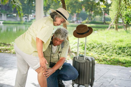 Asian senior couple traveler with luggage walking in downtownの写真素材
