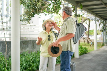 Asian senior couple traveler with luggage walking in downtownの写真素材